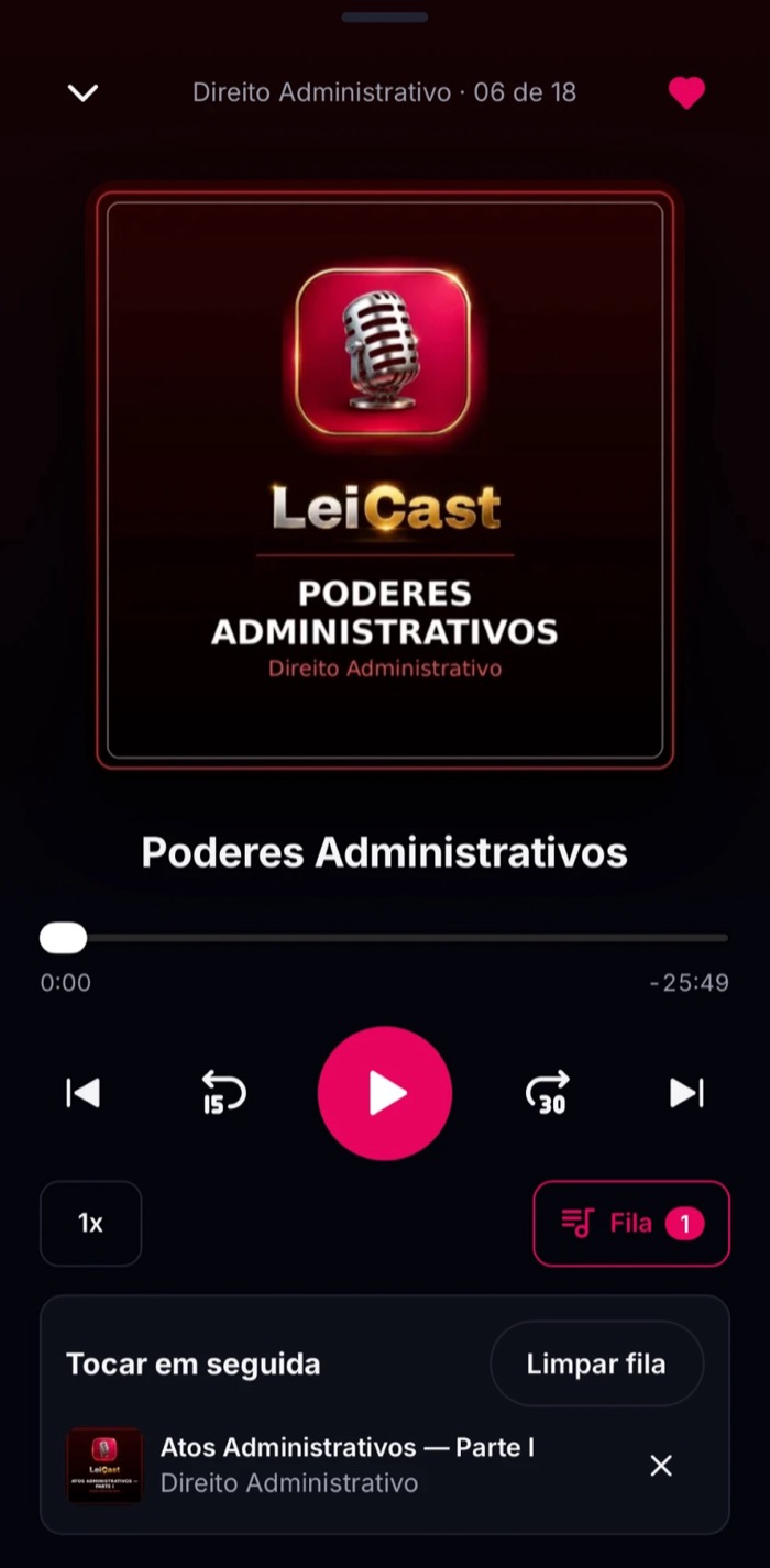 App LeiCast tocando uma aula de Administrativo