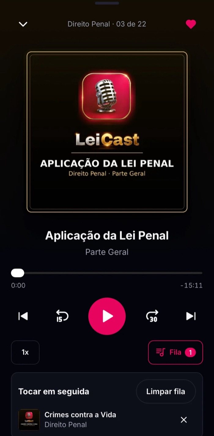 App LeiCast tocando uma aula de Direito Penal