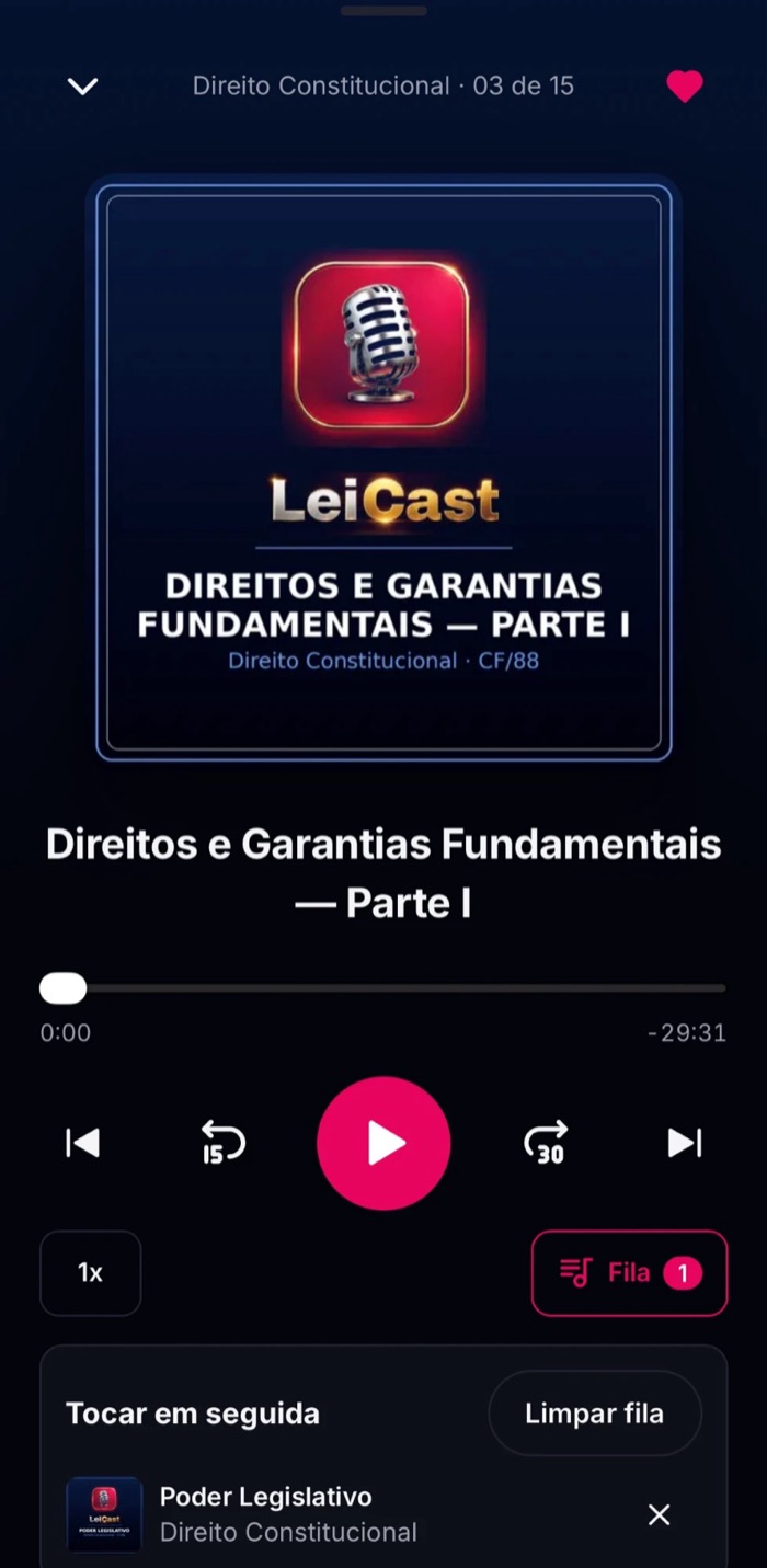 App LeiCast tocando uma aula de Constitucional